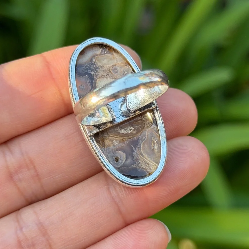 Size 9.5 925 silver plated druzy stick‎ agate ring 0686